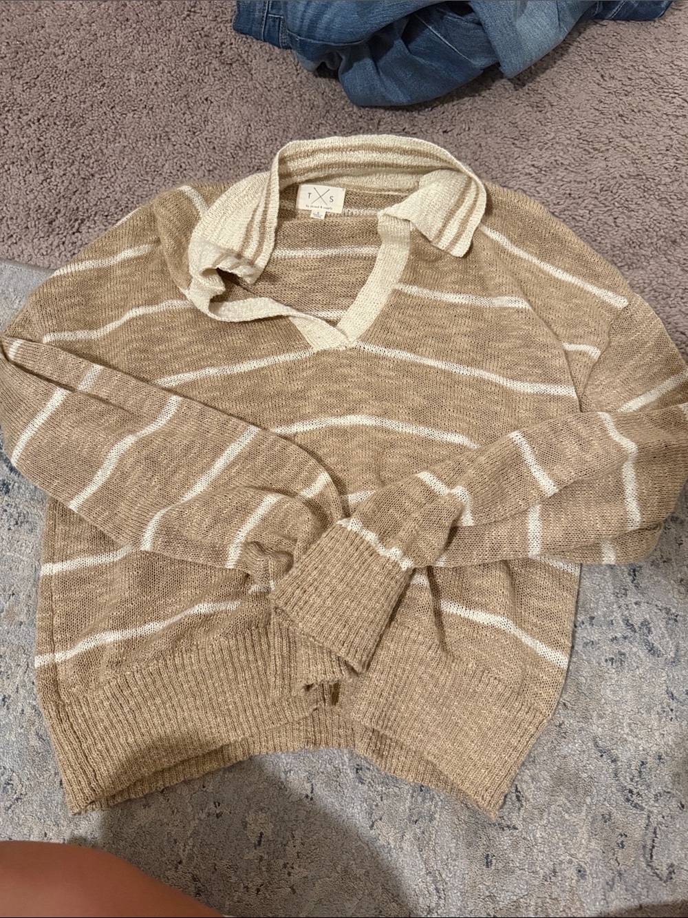 Thread & Supply Tan and Cream Striped Polo Sweater